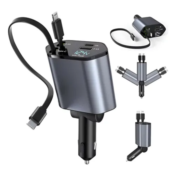 CARGADOR CELULAR CARRO 12V CABLE RETRACTIL IPHONE TIPO C