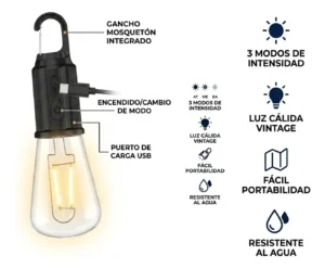 BOMBILLO LED RECARGABLE VINTAGE 3 MODOS LUZ CAMPING PORTATIL